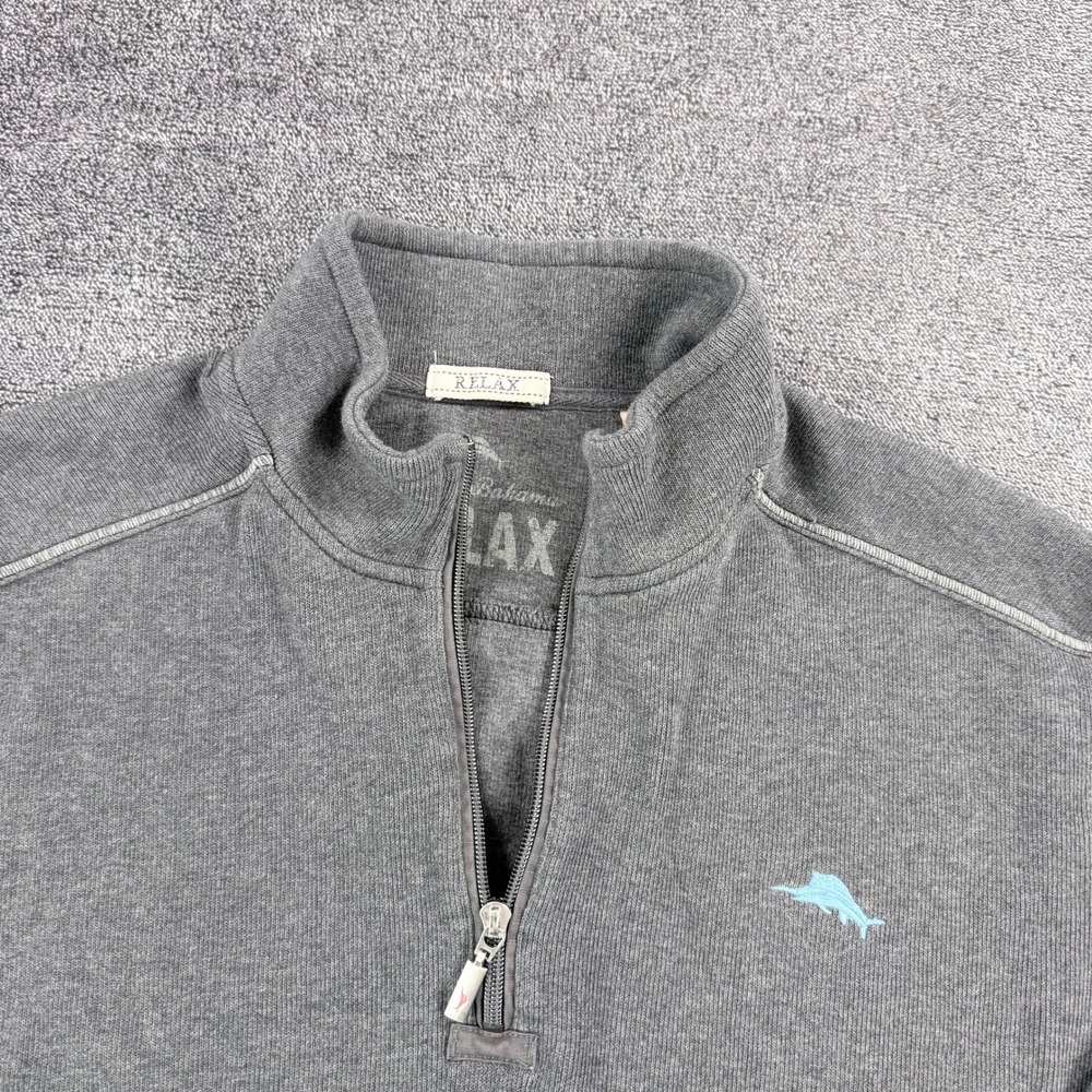 Tommy Bahama Relax Mens XL Gray Quarter Zip Cotton Pullover Sweater Marlin Logo
